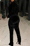 Women Cardigan Hoodie Zipper Pleuche Ruffle Pants Sets LD81091