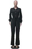 Casual Modest Long Sleeve Lapel Neck Single-Breasted Collect Waist Plain Wide Jeg Jumpsuits SY8845