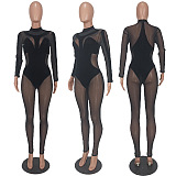 Women Sexy Mesh Spaghetti Spliced Velvet Mid Waist Bodycon Jumpsuits ED8557