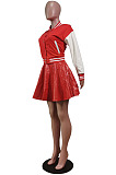 Euramerican Casual PU Leather Spliced Long Sleeve Jacket Pleated Skirts Baseball Uniform Suit WY6875