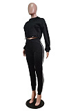 Fashion Casual Long Sleeve Dew Waist Zipper Cardigan Tops Jogger Pants Solid Color Suit WY6866