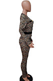 Euramerican Women Trendy Button Cardigan Printing Bodycon Jumpsuits LD82007