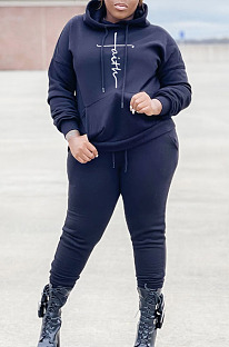 Winter Fat Women Design Printed Velvet Hoodie Jogger Pants Plain Suit SY8848