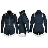 Autumn Winter Stand Collar Zipper Solid Color Sexy Shorts Sets QQM4356
