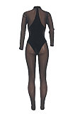 Women Sexy Mesh Spaghetti Spliced Velvet Mid Waist Bodycon Jumpsuits ED8557