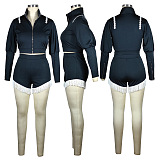 Autumn Winter Stand Collar Zipper Solid Color Sexy Shorts Sets QQM4356