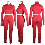 Euramerican Women Ribber High Collar Solid Color Ruffle Pants Sets QQM4359
