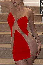 Euramerican Women Perspectivity Mesh Spaghetti Spliced Sleeveless Super Elastic Mini Dress QQM4374