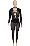 Fashion Sexy Mesh Spaghetti Perspectivity Hot Drilling Hollow Out Bodycon Jumpsuits SN390243