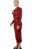 Women Sexy Fashion Zipper Stripe Printing Backless Long Dress SH8102