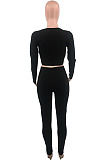 Simple Casual Dasign Printed Long Sleeve V Neck Crop Tops High Waist Skinny Pants Plain Suit OEP6317