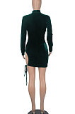 Euramerican Women Solid Color Long Sleeve Velvet Tied Crop Mini Dress WMZ0166