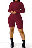 Long Sleeve Solid Color Ribber Bodycon Romper Shorts AD1303