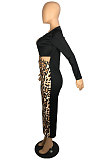 Sexy Cotton Blend Leopard Printed Long Sleeve Hollow Out Slim Fitting Dress E8636