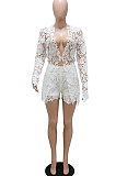 Fashion Sexy Casual Deep V Collar Lace Hollow Out Long Sleeve Shorts Sets CCY9400