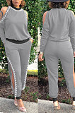 New Women Cotton Blend Nail Pearl Off Shoulder Tops Trousers Sexy Plain Suit E8639
