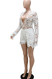 Fashion Sexy Casual Deep V Collar Lace Hollow Out Long Sleeve Shorts Sets CCY9400