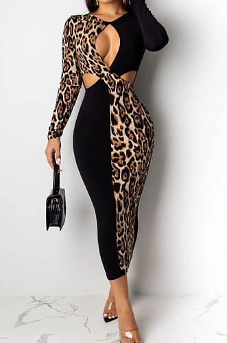 Sexy Cotton Blend Leopard Printed Long Sleeve Hollow Out Slim Fitting Dress E8636