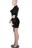 Women Sexy Long Sleeve Dew Waist Ruffle Fashion Velvet Tied Drawsting Mini Dress WMZ2691