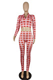 Wholesale Women Plaid Printed Long Sleeve Crop Tops Trousers Slim Fitting Suit E8633