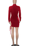 Euramerican Women Solid Color Long Sleeve Velvet Tied Crop Mini Dress WMZ0166