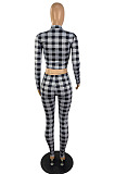 Wholesale Women Plaid Printed Long Sleeve Crop Tops Trousers Slim Fitting Suit E8633