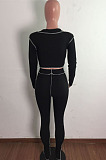 Euramerican New Ribber Long Sleeve Crop Tops Slit Trousers Plain Fashion Suit LA3299
