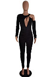 Sexy Night Club Cotton Blend Hollow Out Slim Fitting Solid Color Jumpsuits  LS6485