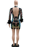 Fashion Sexy Sequins Feather Backless Mini Dress CCY9424