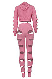 Euramerican Women Hole Dew Waist Hoodie Solid Color Bodycon Pants Sets BYQ3219