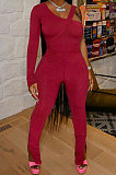 Women Sexy Club Ribber Irregular One Shoulder Solid Color Split Pants Sets GL6531