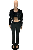 Wholesale Women Velvet Cloth Pure Color Strapless+Cardigan Zipper Coat Jogger Pants Casual Suit LYY9320