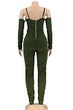 Euramerican Women Sexy Strapless Long Sleeve Ruffle Solid Color Bodycon Jumpsuits AL199