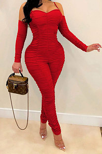 Euramerican Women Sexy Strapless Long Sleeve Ruffle Solid Color Bodycon Jumpsuits AL199
