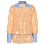 Hot Sale Women's Spliced Denim Long Sleeve Mesh Shirt NZH6392