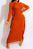 Euramerican Women Pure Color Tassel Long Sleeve Slim Fitting Contains No Belt Long Dress MD461