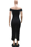 Fashion Sexy A Word Shoulder Strapless Hollow Out Split Pure Color Long Dress CCY9456