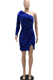 Fashion Sexy One Shoulder Sequins Split Hip Skinny Bodycon Mini Dress CCY9479