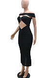 Fashion Sexy A Word Shoulder Strapless Hollow Out Split Pure Color Long Dress CCY9456