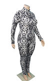 New Fat Women Design Printed Long Sleeve O Neck Slim Fitting Contains No Belt Jumpsuits MK067