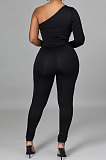Sexy Oblique Shoulder Perspectivity Hip Mid Waist Bodycon Jumpsuits CCY9455