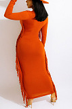 Euramerican Women Pure Color Tassel Long Sleeve Slim Fitting Contains No Belt Long Dress MD461