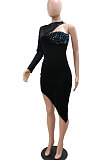 Euramerican Fashion One Shoulder Long Sleeve Sequins Spliced Velvet Irregular Bodycon Mini Dress CCY9442