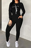 Simple New Women Design Printed Long Sleeve Round Neck Tops Skinny Pants Plain Suit MD466