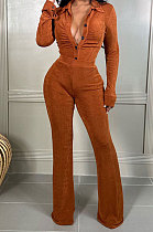 Women Long Sleeve Buttons Tops Solid Color Pants Sets LD82009