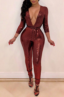 Sexy Luxe Sequins Long Sleeve Deep V Collar Slim Fitting Night Club Jumpsuits QZ4532