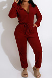 Wholesale Womean Pure Color Velvet Long Sleeve Bandage Collect Waist Hooded Jumpsuits QZ6131