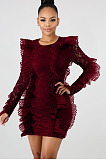 Elegant Luxe Ruffle Lace See-Througk Ling Sleeve Round Neck Slim Fitting Hip Dress QZ4054