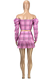 Sexy Fashion Women Plaid Prined A Word Shoulder Ruffle Sleeve Zipper Crop Tops Hip Skirts Suit SM9227