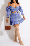 Sexy Fashion Women Plaid Prined A Word Shoulder Ruffle Sleeve Zipper Crop Tops Hip Skirts Suit SM9227